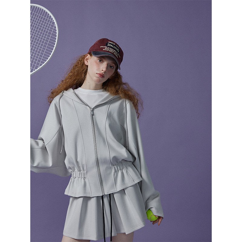 猫酱紫 花边收腰连帽卫衣设计感半身裙高腰休闲阔腿裤三件套