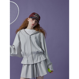 猫酱紫 花边收腰连帽卫衣设计感半身裙高腰休闲阔腿裤三件套