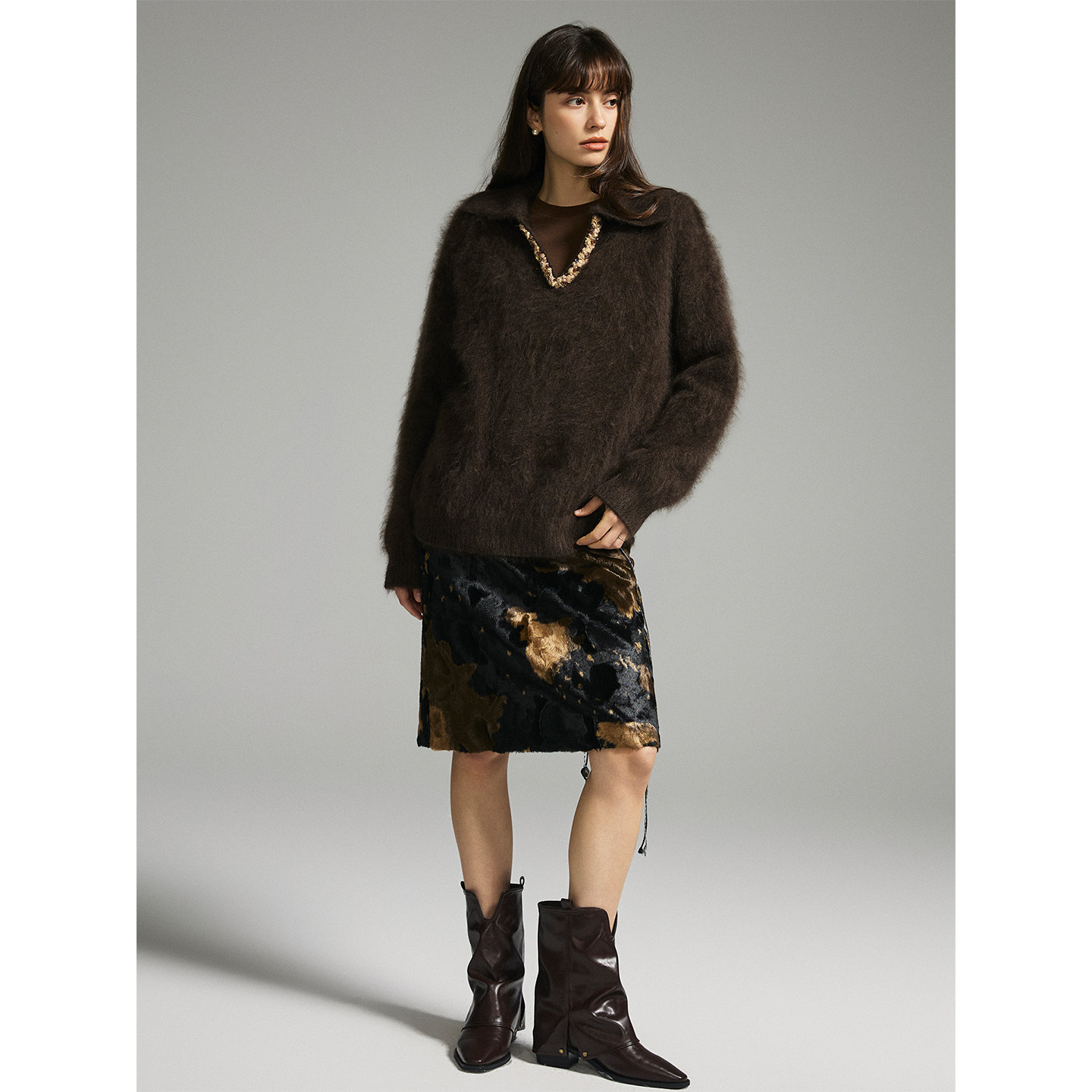 猫酱紫全羊毛设计感半拉链连帽毛衣/钉珠拉毛毛衣