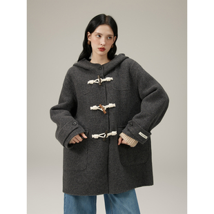 猫酱紫 短款仿牛角扣连帽双面呢大衣女学院风复古毛呢外套