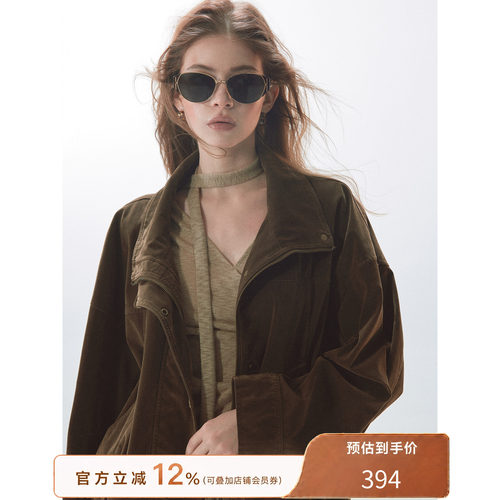 猫酱紫 仿麂皮花苞夹克女秋新款美式复古翻领短款机车工装外套