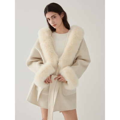 猫酱紫千金感狐狸毛领大衣女秋冬气质100%绵羊毛毛毛双面呢