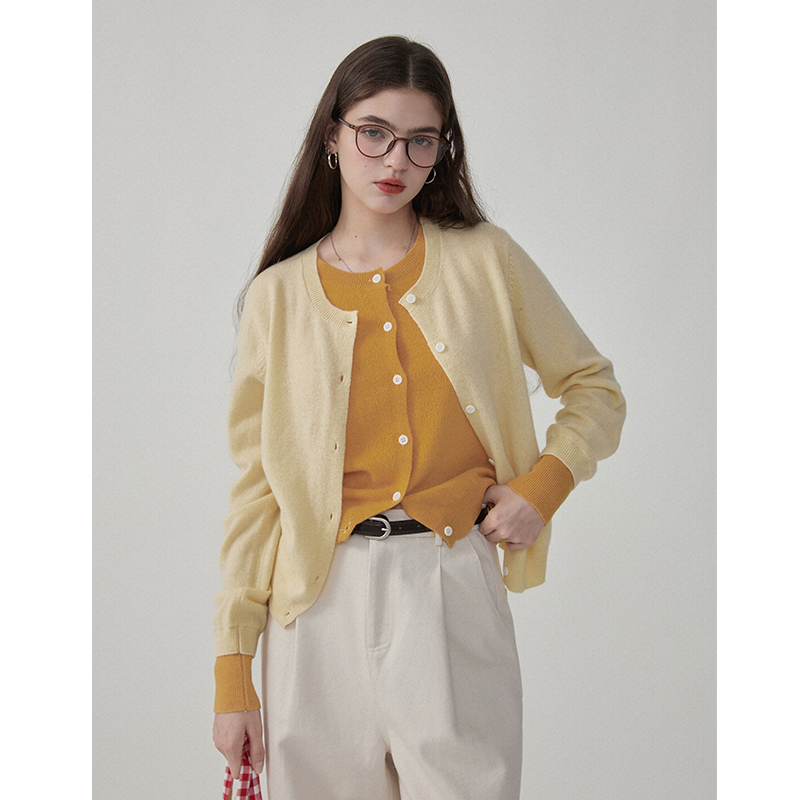 猫酱紫100绵羊毛miu系假两件针织上衣圆领慵懒风开衫