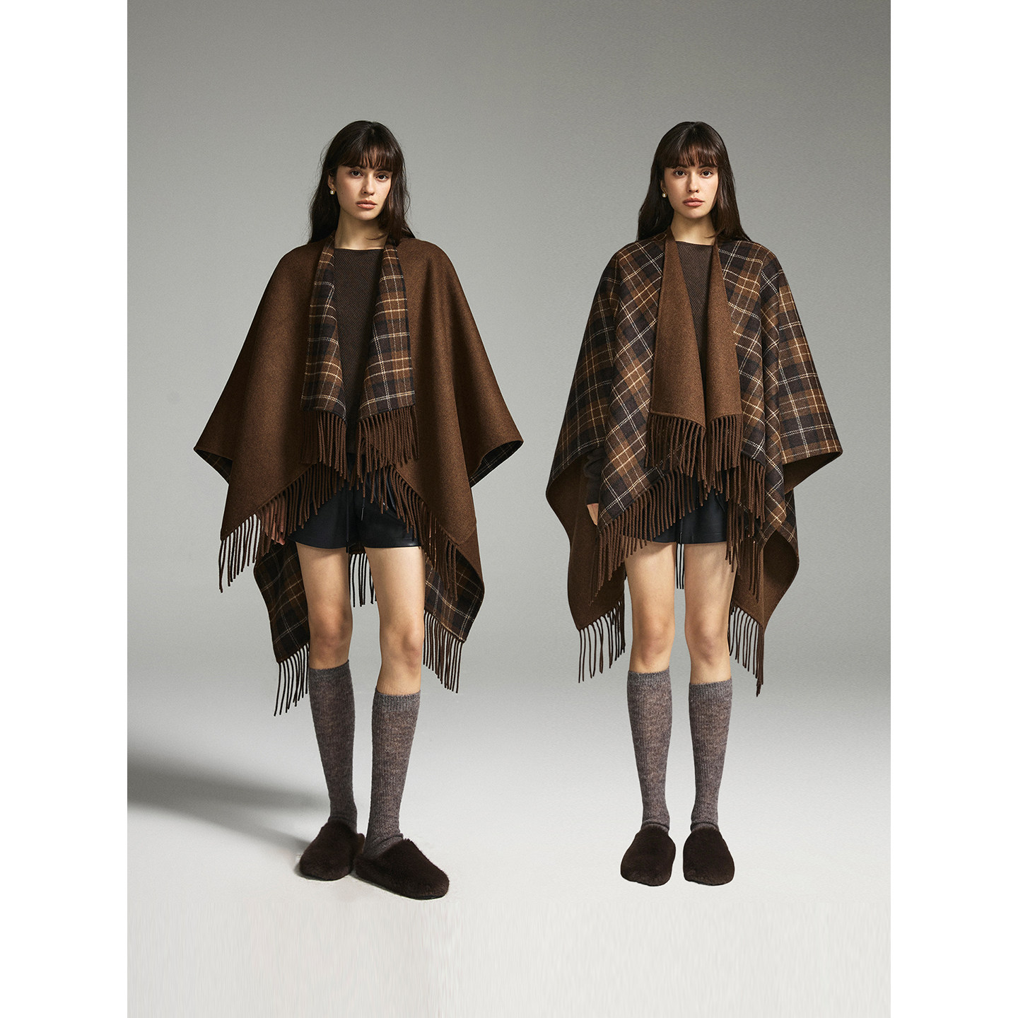 猫酱紫 格纹两穿流苏披肩+连帽斗篷大衣女通勤气质百搭毛呢外套