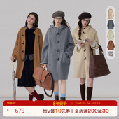 猫酱紫 100%绵羊毛仿牛角扣连帽双面大衣女中长款 学院风毛呢外套