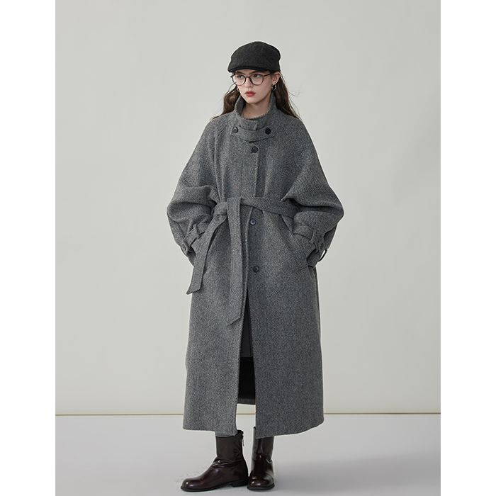 猫酱紫 复古立领廓形高级感斜纹大衣女