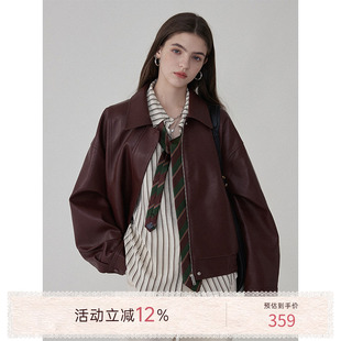 猫酱紫 翻领美式复古机车皮衣女早春宽松夹克外套