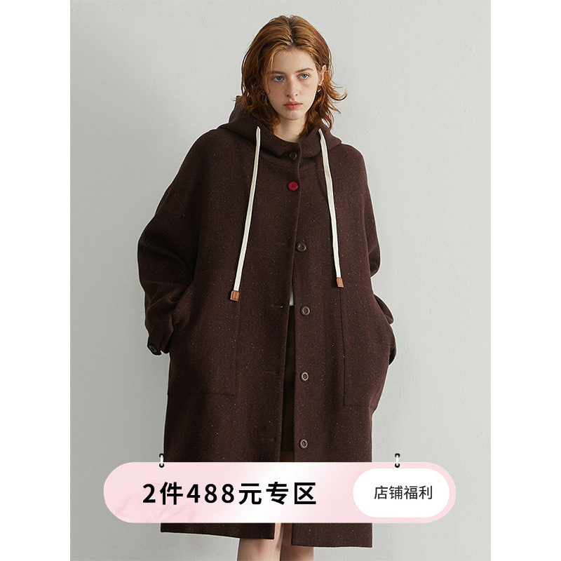 猫酱紫复古连帽毛呢大衣女