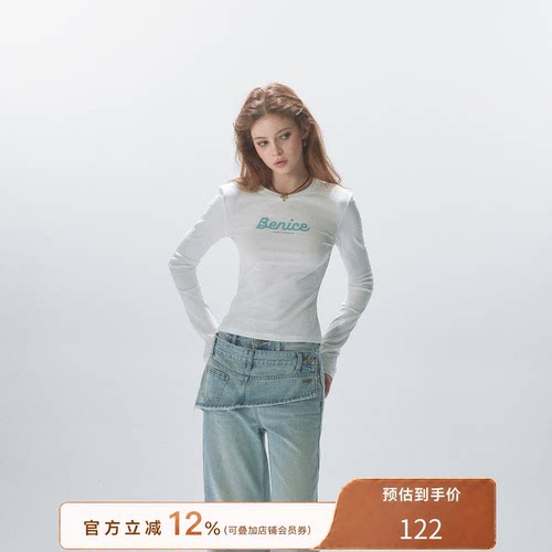 猫酱紫 beniceT恤女字母印花圆领流行上衣修身显瘦百搭长袖