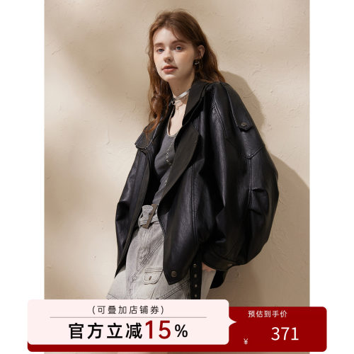 猫酱紫 复古翻领pu皮衣女美式复古机车外套