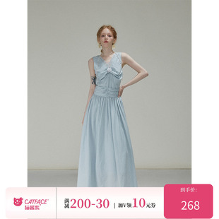 猫酱紫 莱赛尔亚麻玫瑰花连衣裙女蕾丝拼接V领无袖气质法式长裙