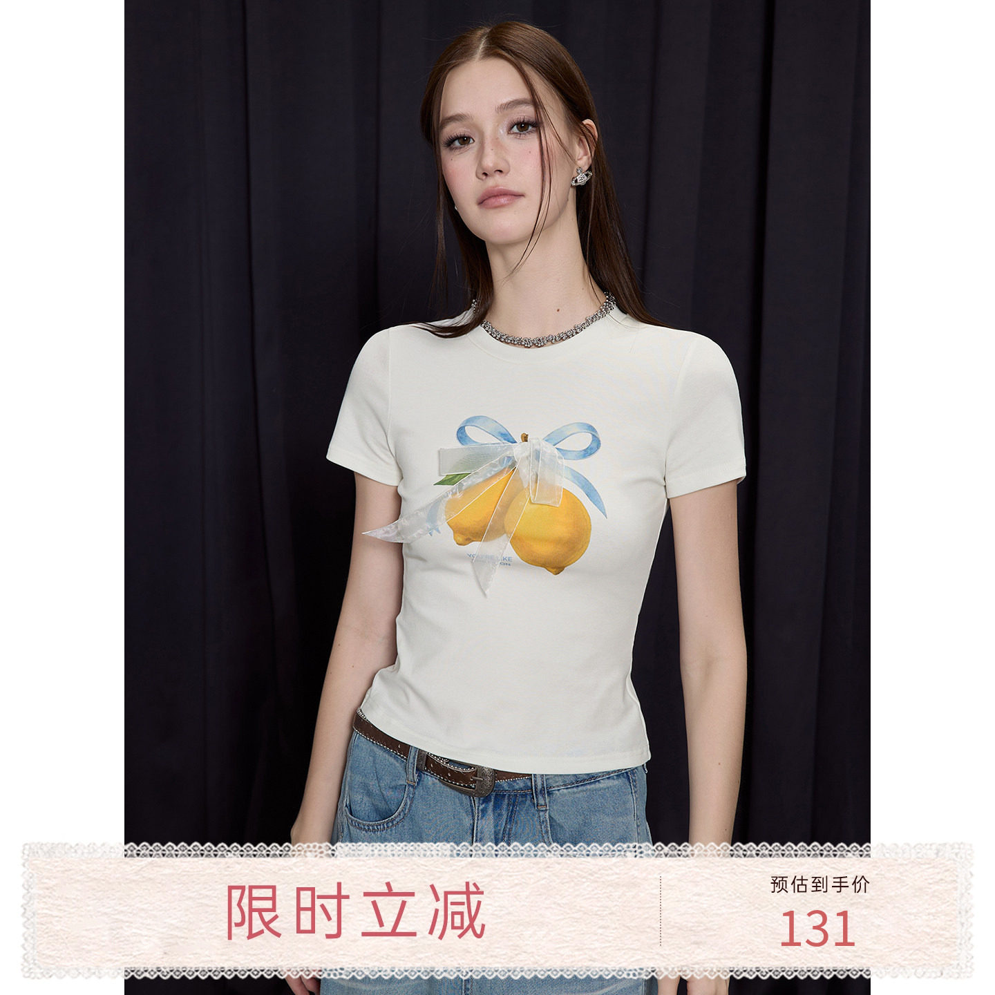 猫酱紫 柠檬T恤女夏季新款漂亮修身短款上衣甜美休闲风印花短袖
