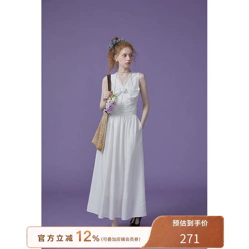 猫酱紫 莱赛尔亚麻玫瑰花连衣裙女蕾丝拼接V领无袖气质法式长裙