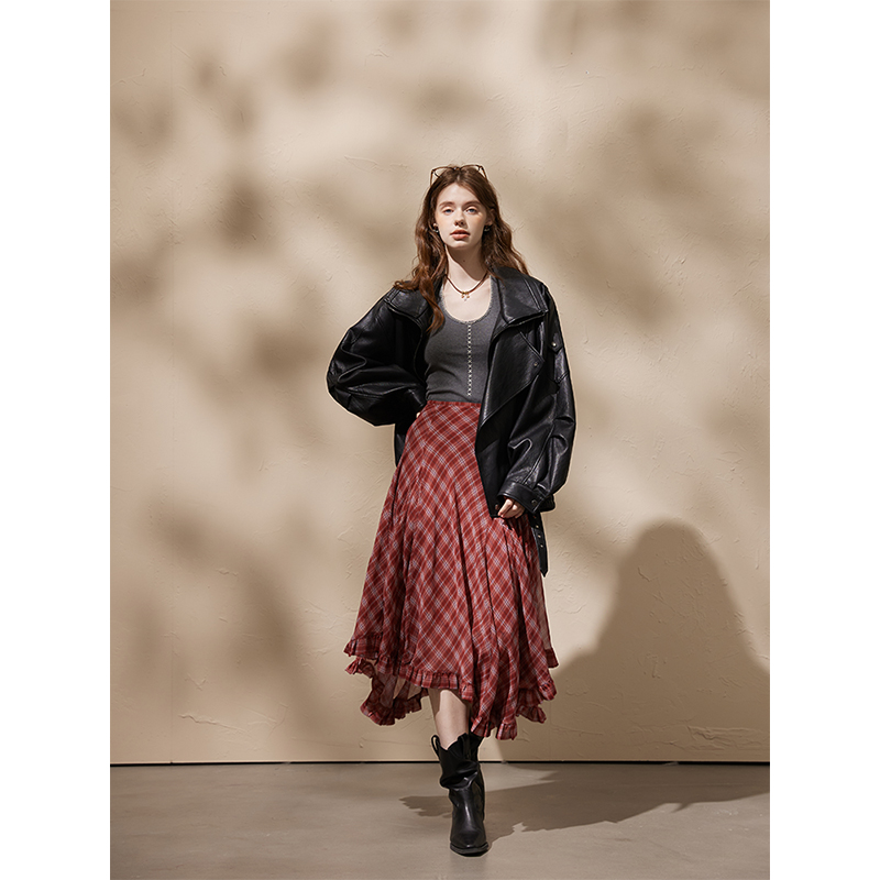 猫酱紫 格纹不规则半身裙女高腰荷叶边设计感时尚中长款裙子