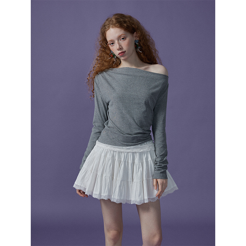 猫酱紫 斜肩蕾丝拼接长袖T恤女修身显瘦内搭打底衫