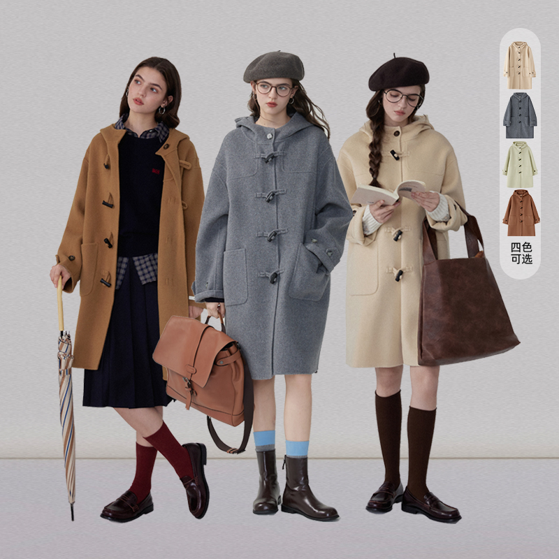 猫酱紫双面尼牛角扣连帽大衣外套