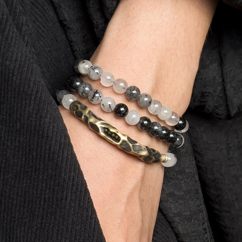 原创复古水墨黑发晶多圈手链项链双用女个性水晶石珠子手串男饰品