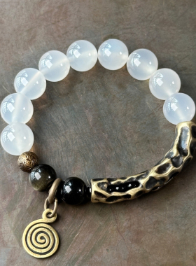 卓岸林原创复古白玛瑙单圈大珠手链女 文艺民族风手串 珠串饰品