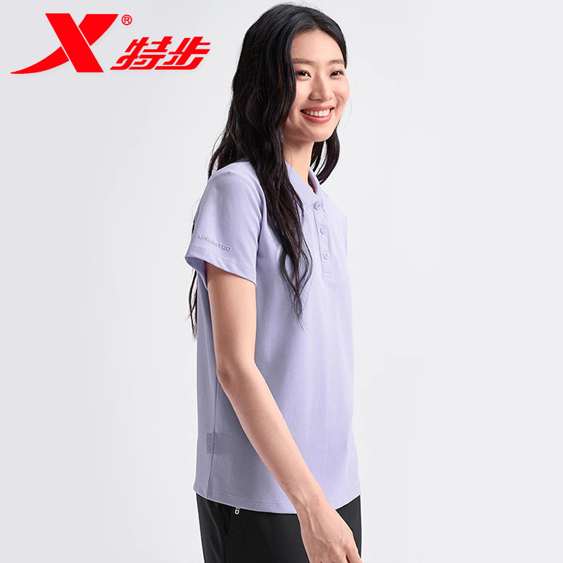 女士半截袖带领的 紫色短袖特步不粘身纯色中年妈妈翻领polo衫t恤