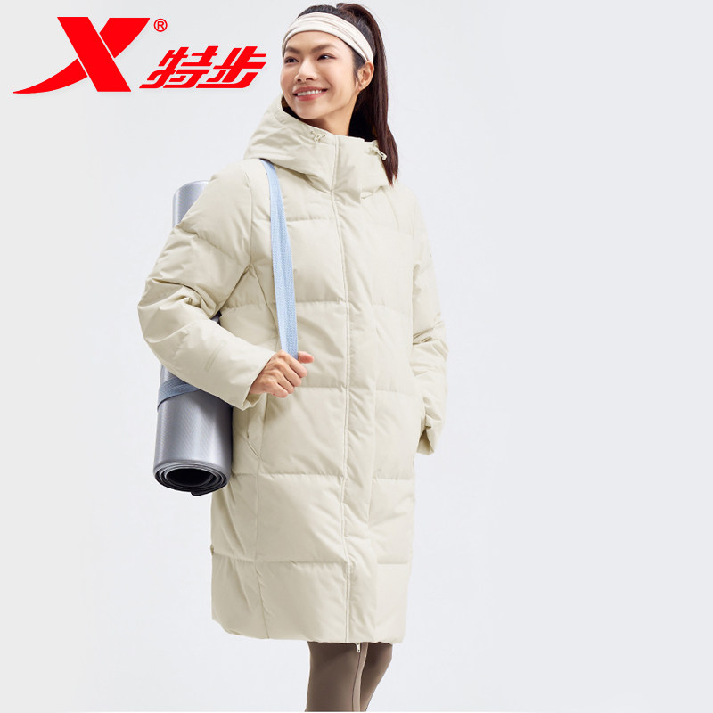 xtep特步加厚羽绒服女士中长款白色保暖加绒羽绒衣保暖防风妈妈袄