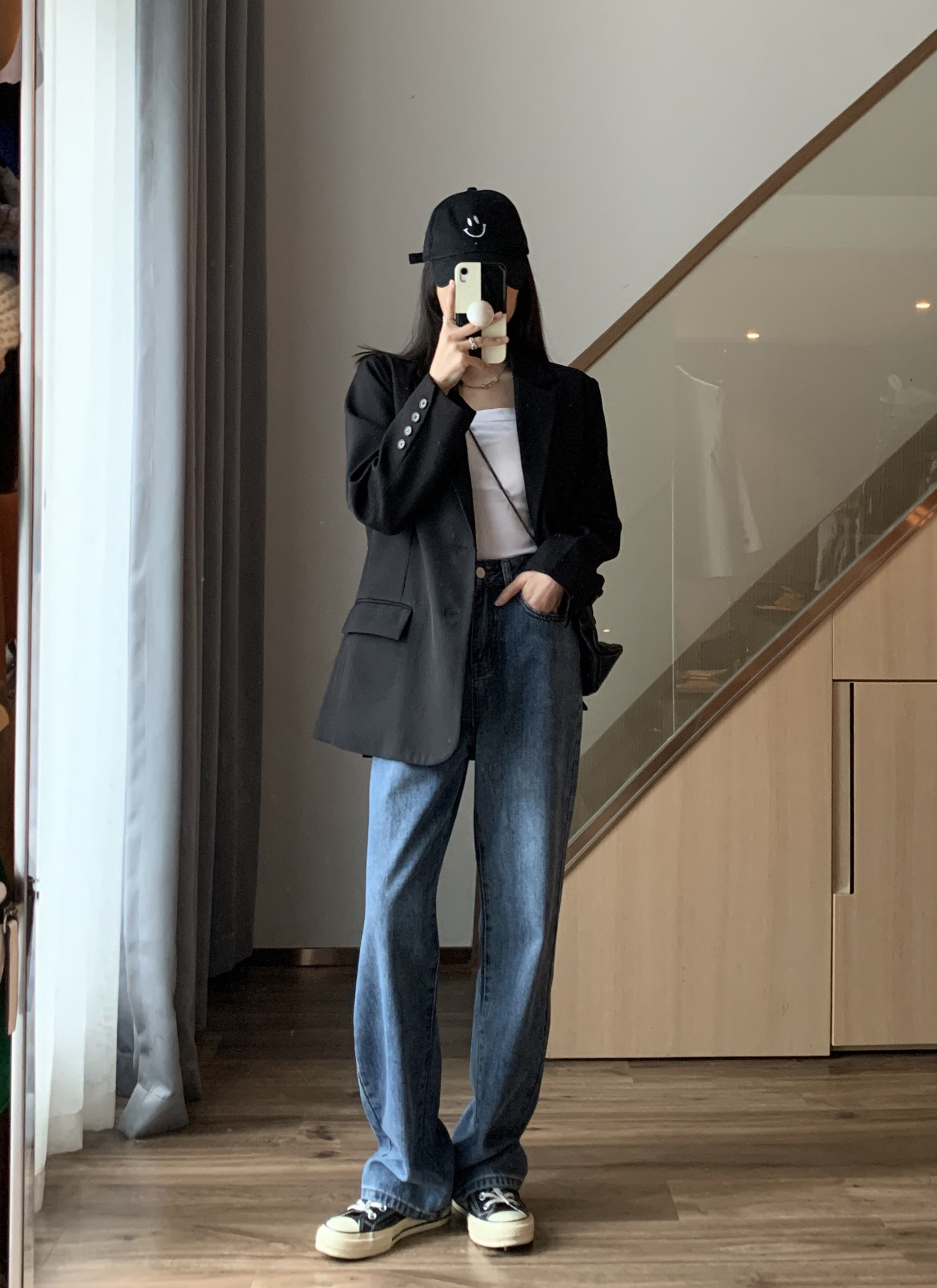 深蓝色高腰牛仔裤女春季新款大码宽松显瘦直筒裤mm遮臀遮胯阔腿裤