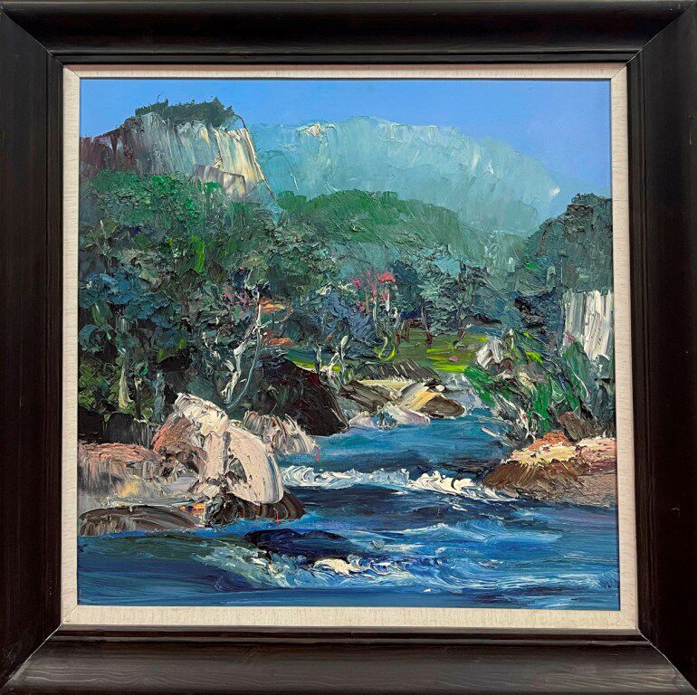 山溪,温钦画廊王柏松手绘原创山水风景油画收藏,风水财运软饰礼物
