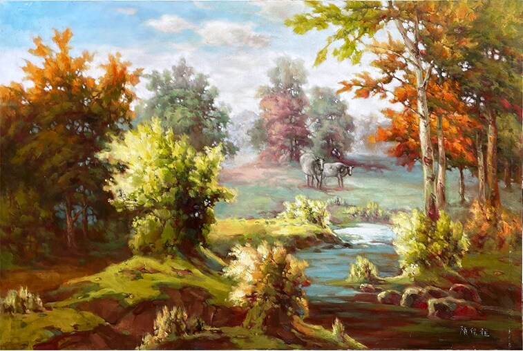 坝上风光,陈保祖手绘原创水彩感觉印象风景油画,风水配画装饰礼物