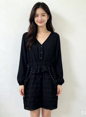 衣讯品牌黑色钉珠连衣裙女蛋糕裙短裙名媛千金气质长袖雪纺连身裙