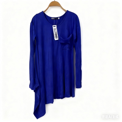 米祖大码不规则设计感T恤打底衫女秋冬胖MM显瘦长袖内搭蓝色上衣