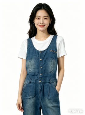 衣讯专柜高品牛仔背带裤女春夏新款高腰宽松显瘦收脚薄棉连体长裤
