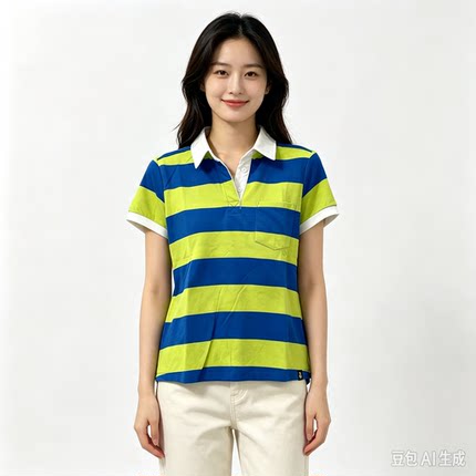 眼袋撞色条纹POLO衫短袖T恤女夏季常规休闲百搭翻领修身纯棉上衣