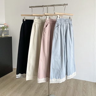 小个子阔腿裤女夏季薄款蕾丝花边休闲直筒裤松紧腰胖mm大码九分裤