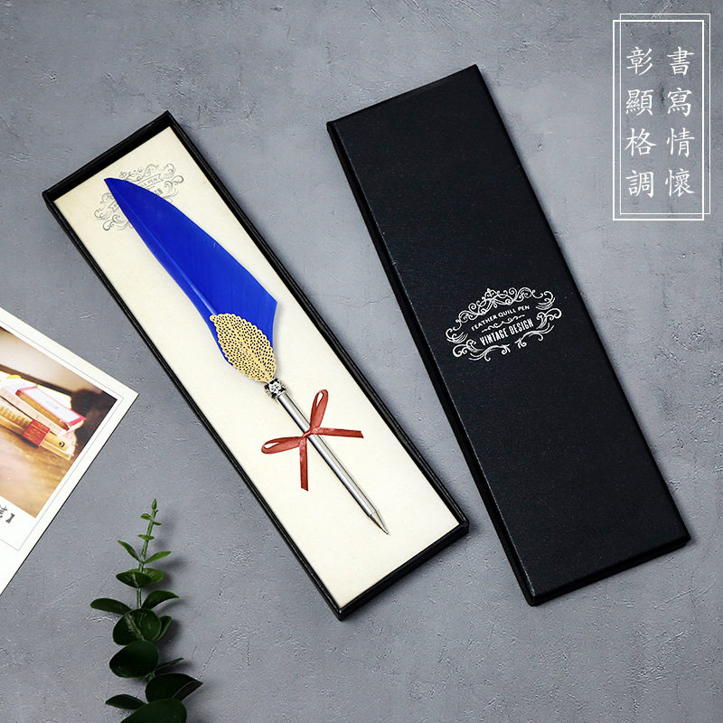 商务礼品复古金叶子羽毛笔圆珠笔礼盒天然鹅毛文具创意企业定 制