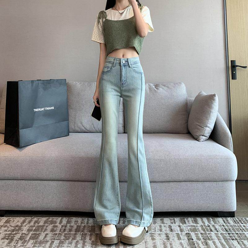 小喇叭裤腿紧身牛仔裤女2025春季高腰大长腿九分小个子微喇拖地裤