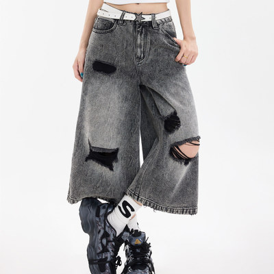高腰百搭宽松破洞毛边牛仔七分裤