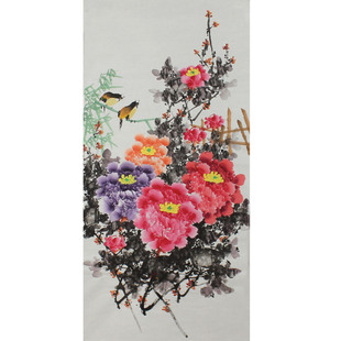 饰画玄关花开富贵挂画未裱无框画 三尺纯手绘国画牡丹画厅室竖幅装