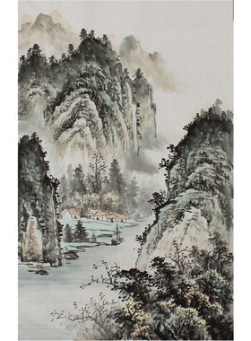竖幅纯手绘国画山水画四尺三开水墨字画玄关客厅书房小尺寸挂画