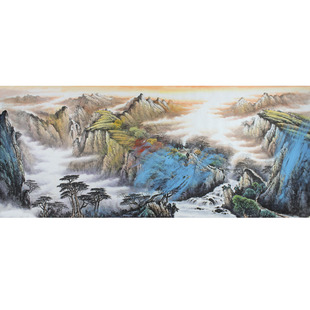 手绘小八尺富水长流厅室风水挂画国画泼彩山水画旭日东升靠山风景