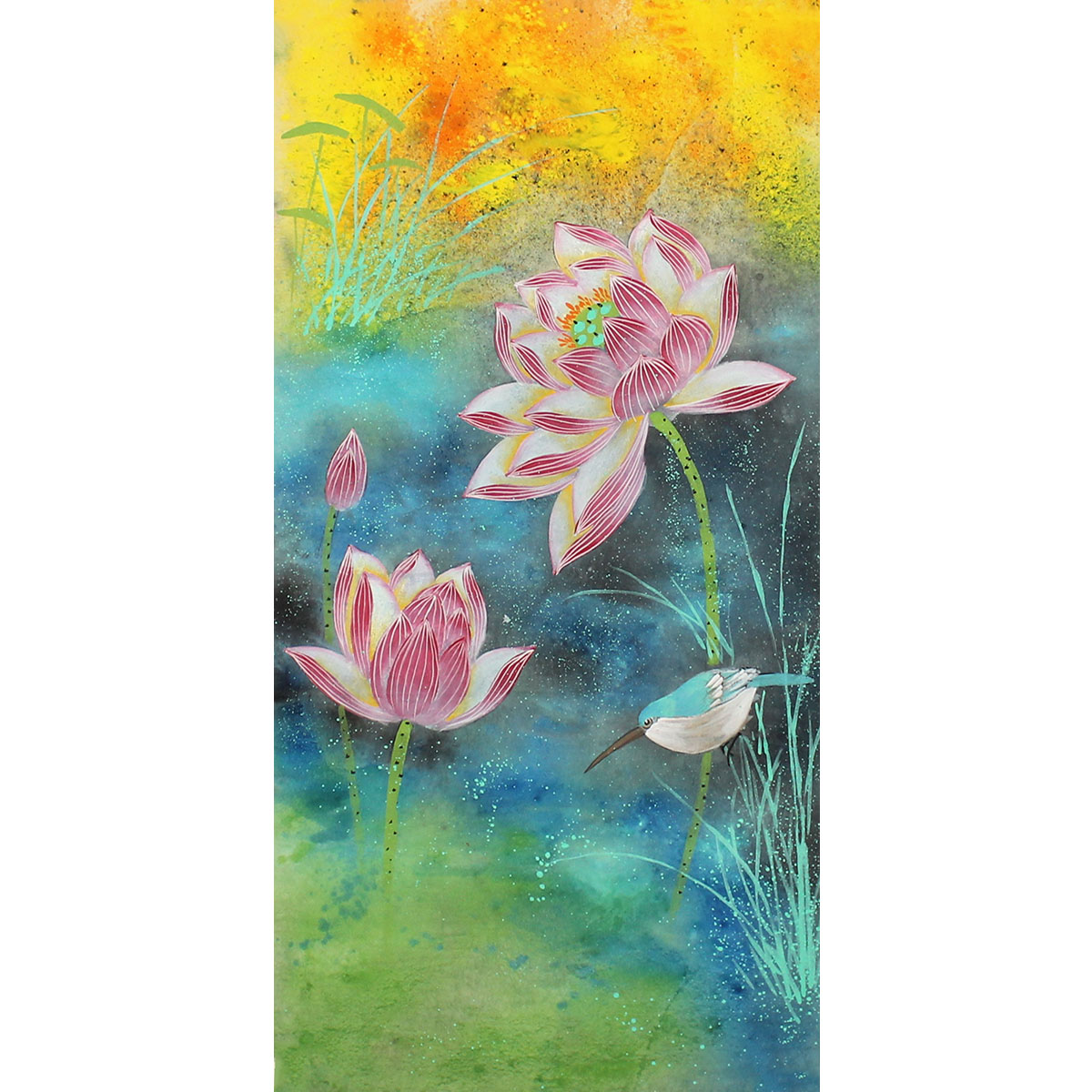 纯手绘三尺国画荷花画竖版客厅装饰画荷花鱼字画玄关未裱无框画图片