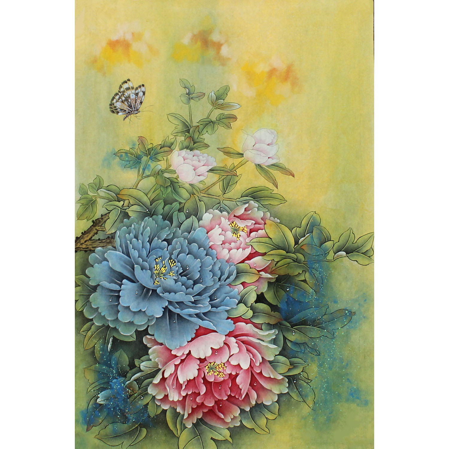 高档厅室竖幅装饰画国画花开富贵牡丹图四尺三开荷花字画未裱无框