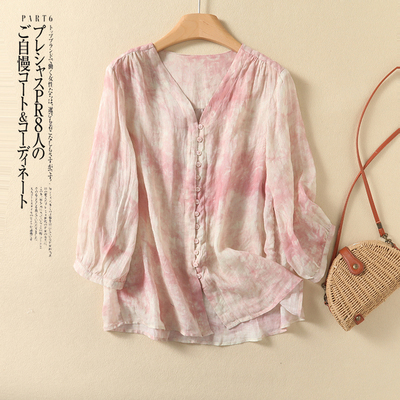 夏季国风复古扎染七分袖苎麻衬衫