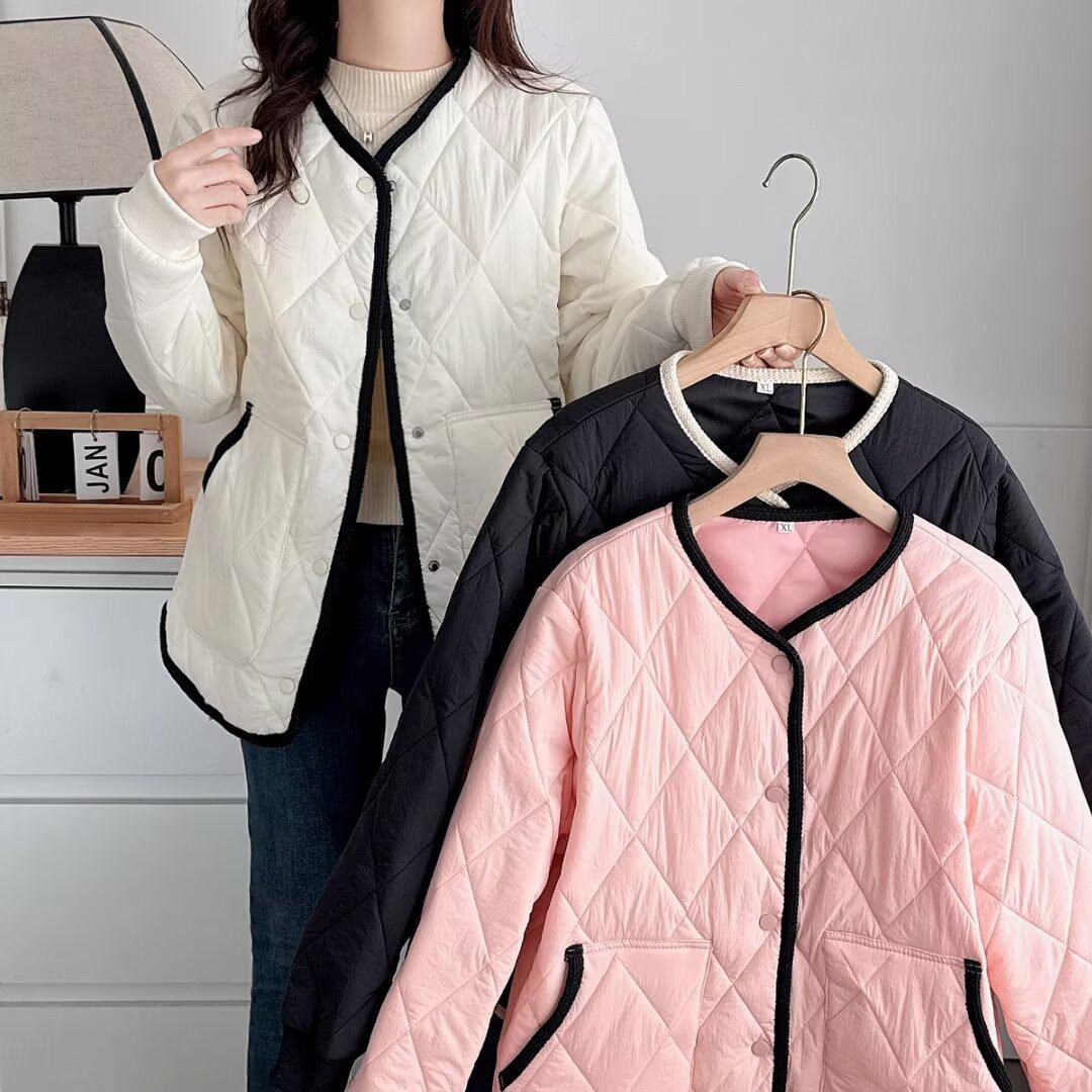 大码女装菱格纹棉服胖mm宽松显瘦POLO领百搭轻薄棉衣外套,女装/女士精品,大码棉服,淘宝优惠券,粉丝福利购,淘宝优惠卷