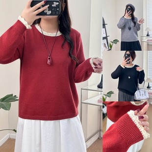 JIUHUAMU大码女装花边拼接针织衫女长袖显瘦打底衫2025秋季新款