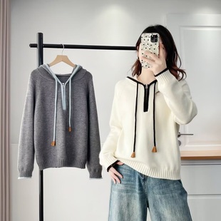 2025秋冬新款连帽毛衣女大码胖mm时尚拼色半拉链套头打底针织衫
