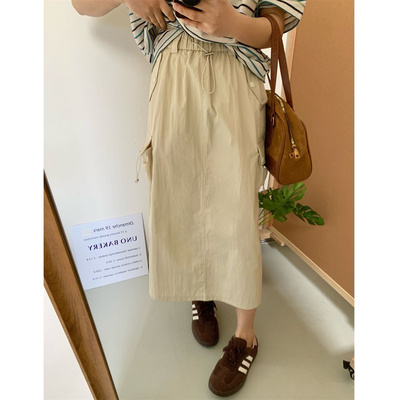 工装风口袋抽绳松紧腰半身裙