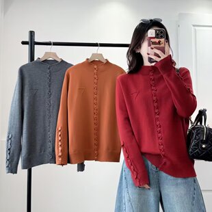 大码胖mm秋冬木耳边半高领纽扣针织开衫女洋气内搭打底衫毛衣2652