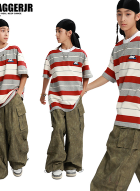 Swagger.JR儿童街舞潮服酷帅hiphop条纹短袖套装爵士舞长裤演出服