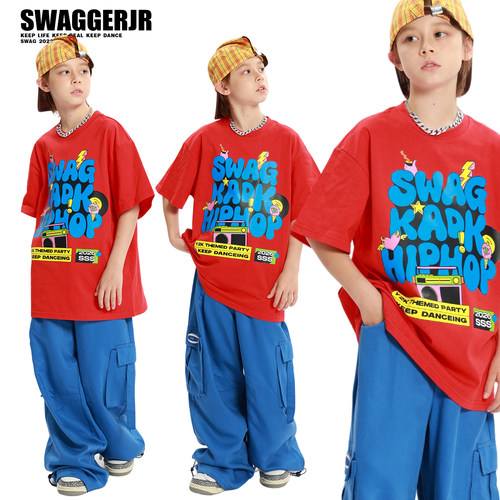 Swagger.JR街舞儿童潮服美式街头风字母印花T恤男女演出酷帅套装
