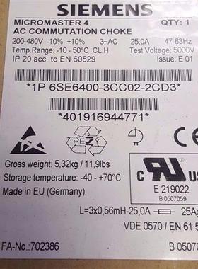 6SE64003CC022CD3进线电抗器6SE6400-3CC02-2CD3全新原装