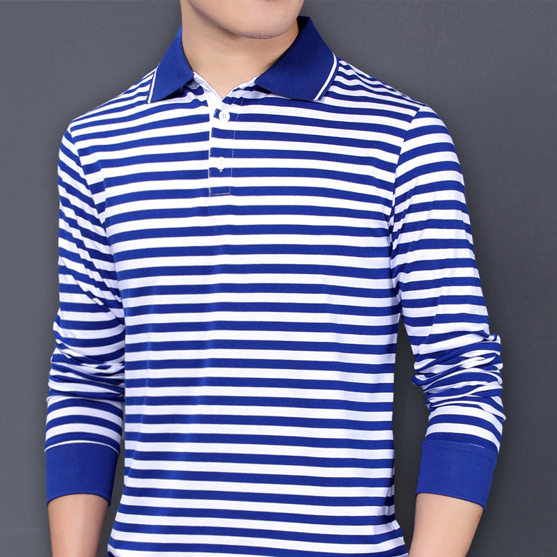 翻领海魂衫长袖T恤男士条纹POLO衫纯棉商务休闲海军衫中老年带领